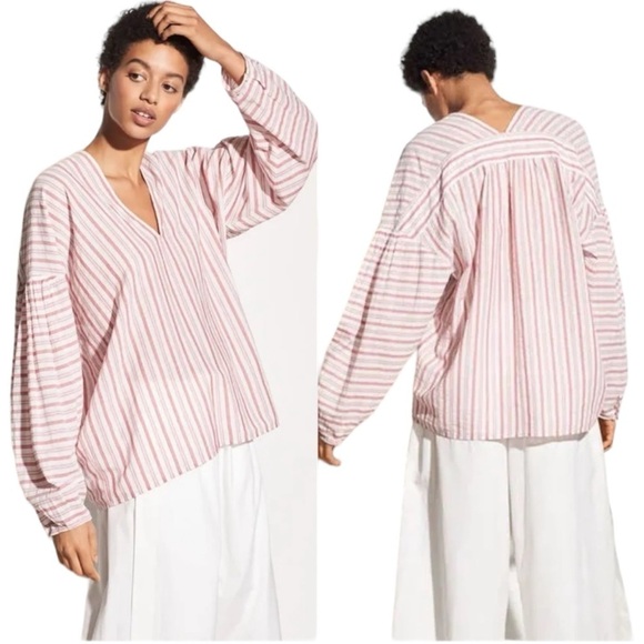 VINCE | Variegated Red Striped Long Sleeve Pullover Top | Cotton V-neck | Medium - Picture 6 of 14